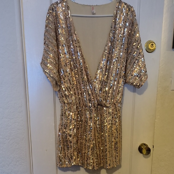 RAGA Pants - RAGA | Gold Sequin V-Neck Jumpsuit